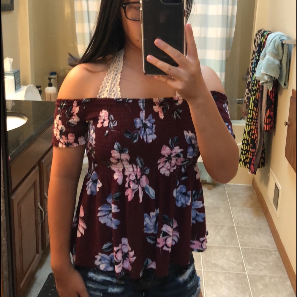 Off the Shoulder Maroon Floral Tee